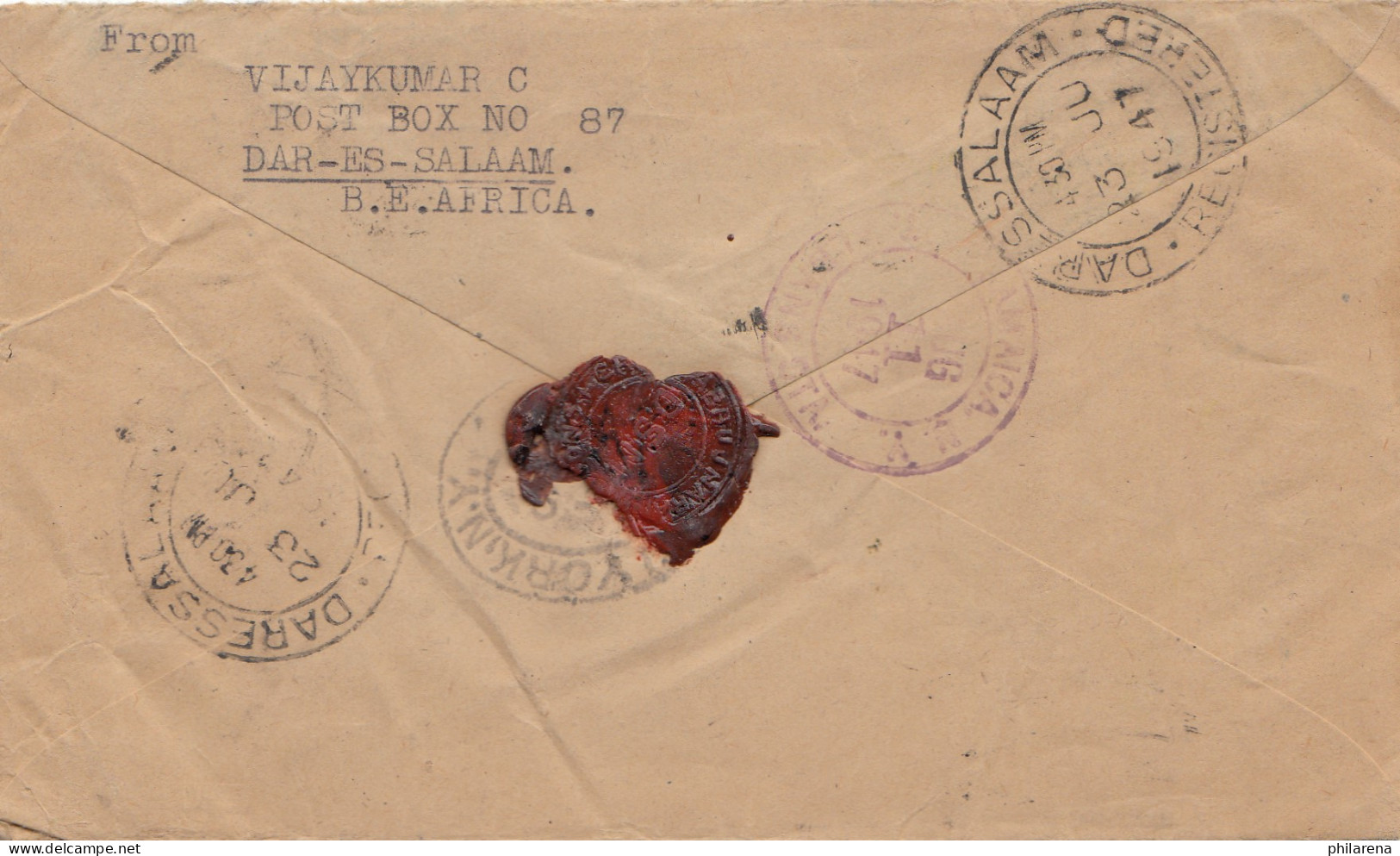 Uganda: 1947: Regiestered Dar Es Salaam To New York - Free Of Duty - Uganda (1962-...)