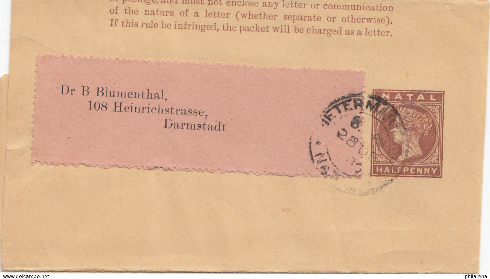 Natal: Wrapper 1900 To Darmstadt/Germany - Sonstige & Ohne Zuordnung