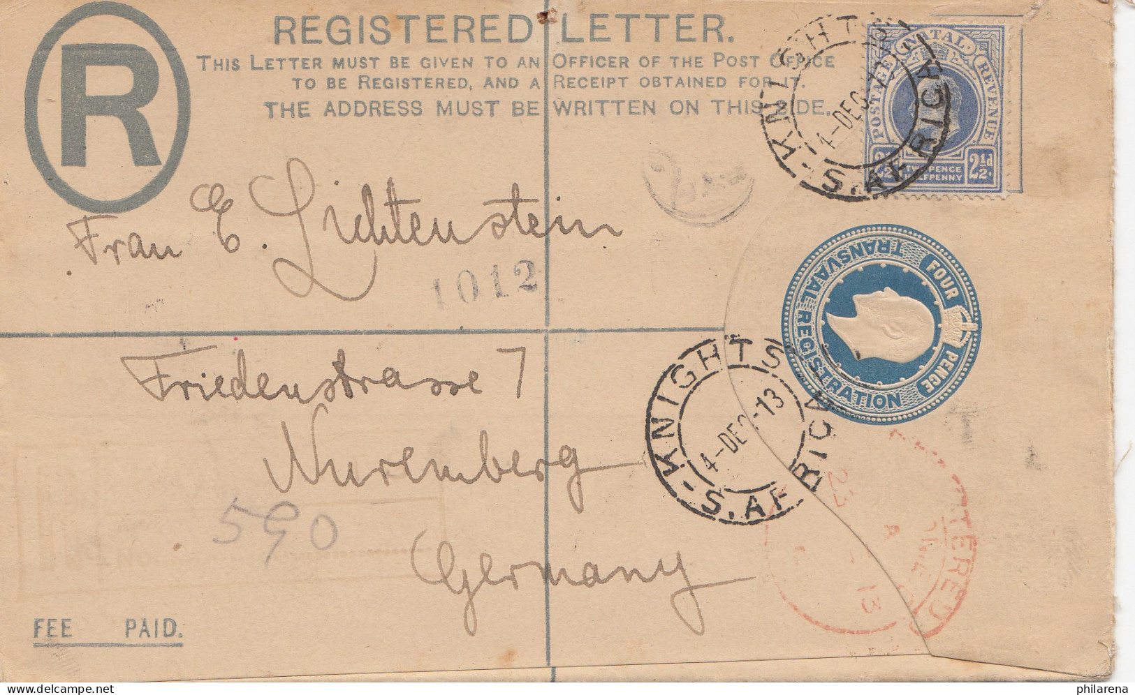 Transvaal: Knights Registered Letter 1913 To Nürnberg - Sonstige & Ohne Zuordnung