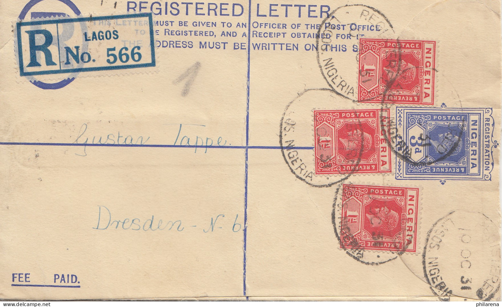 Nigeria: Registered Letter Lagos 1931 To Dresden - Nigeria (1961-...)