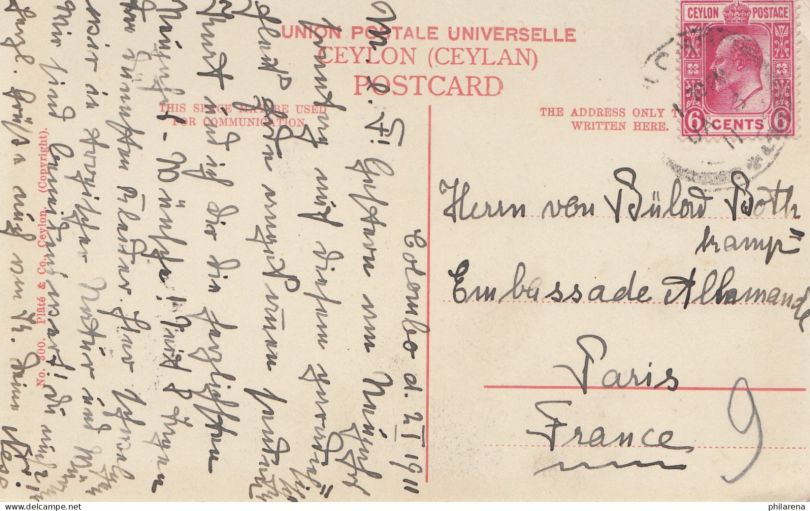 Ceylon: 1911: Post Card Temple Hindoo To Paris, Embassade Allmande - Sri Lanka (Ceylan) (1948-...)