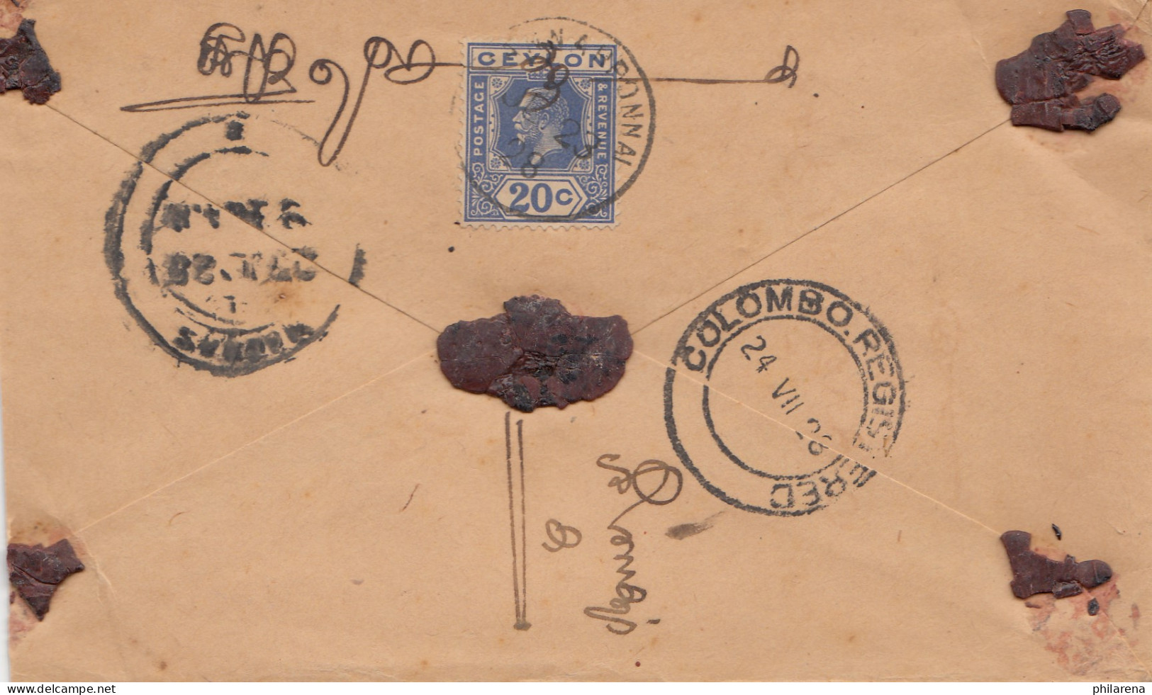Ceylon: 1926: Registered Letter Vannarponnai To Madras - Sri Lanka (Ceylan) (1948-...)