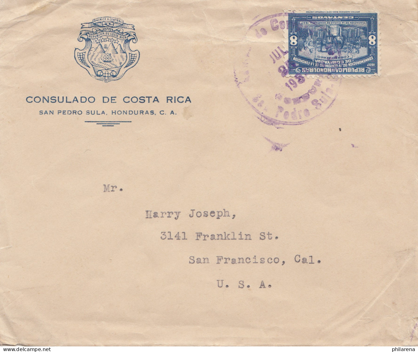 Costa Rica: 1937: San Pedro Sula To San Francisco - Costa Rica