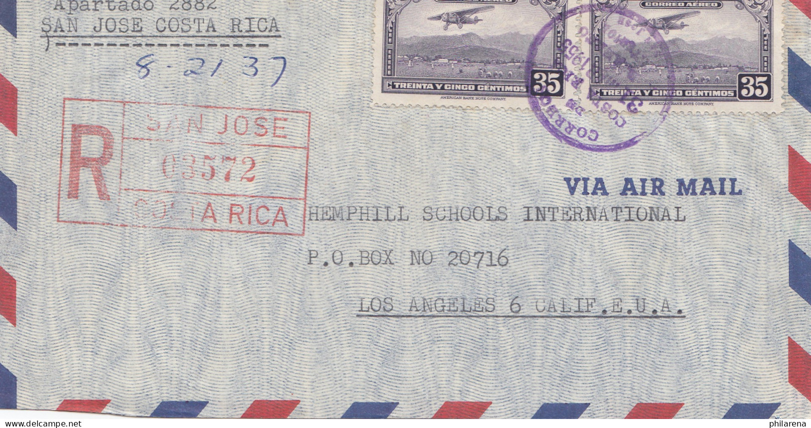 Costa Rica: 1955: Registered San Jose To Los Angeles - Costa Rica