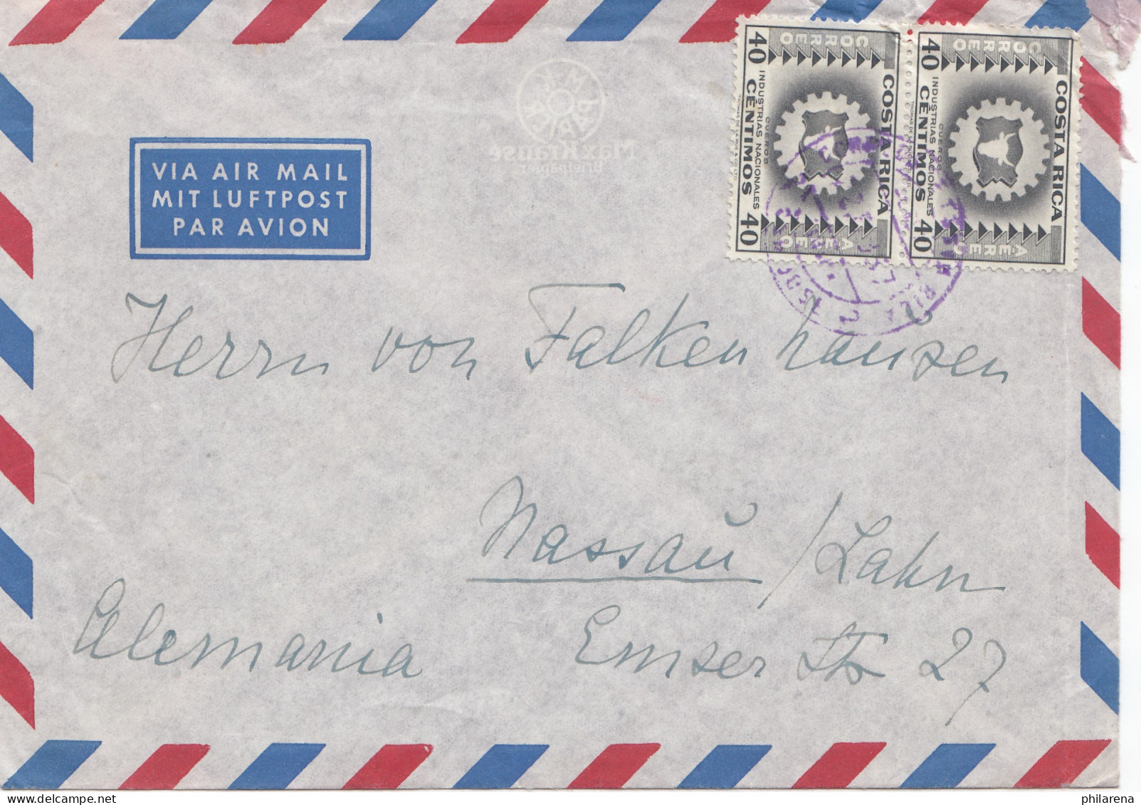 Costa Rica: 1957: Air Mail San Jose To Nassau/Lahn - Costa Rica