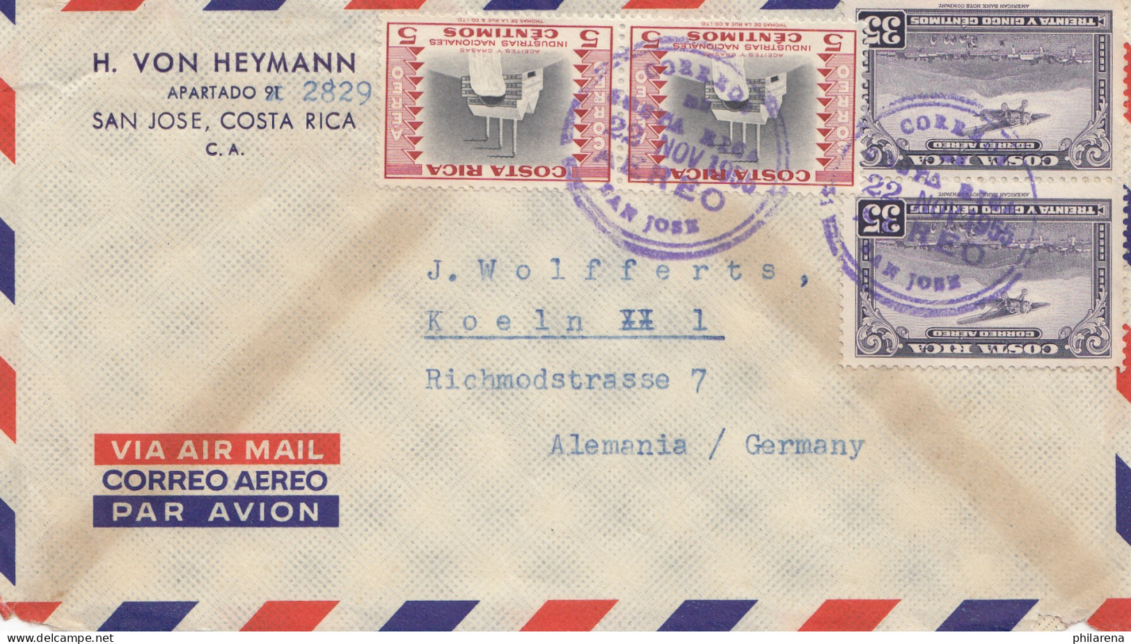 Costa Rica: 1958 Air Mail San Jose To Köln - Costa Rica