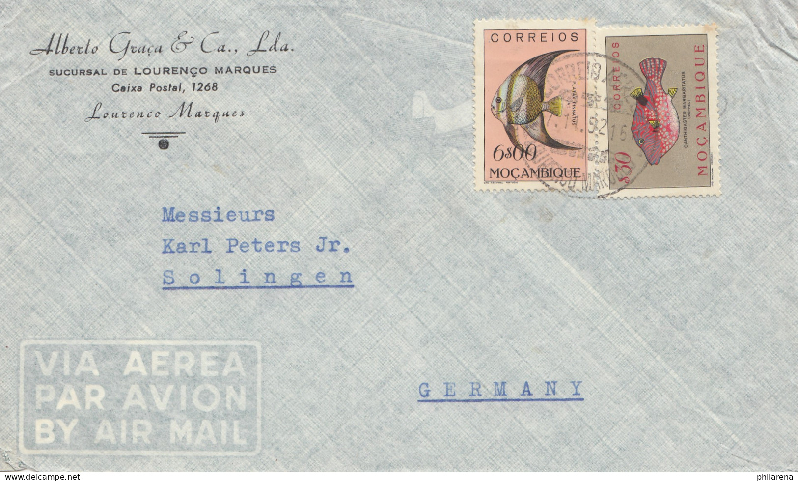 Mocambique 1952 Letter From L. Marques To Solingen, Fische-fishes - Mosambik