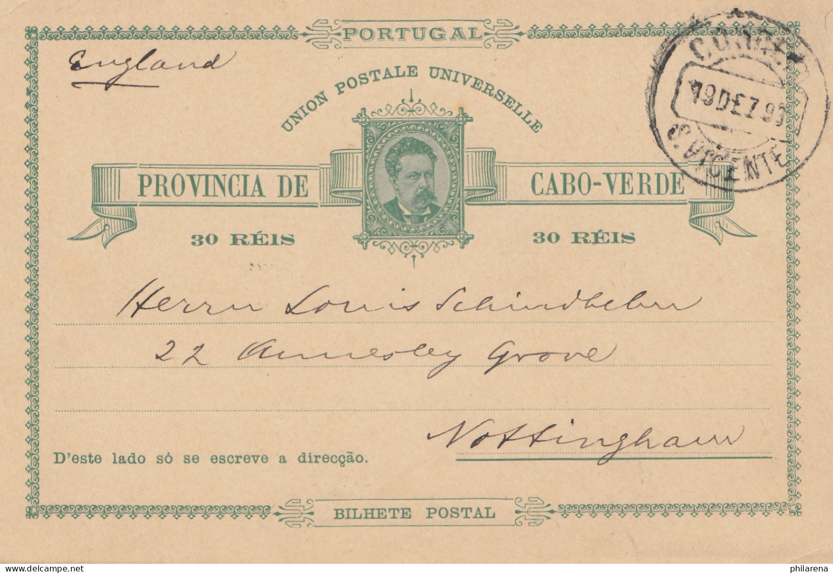 Cabo Verde: 1893: Post Card St. Vicente To Nottingham - Kap Verde