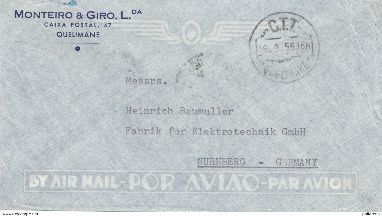 Mocambique 1955: Quelimane Via Air Mail To Nürnberg, Fisch/fish - Mosambik