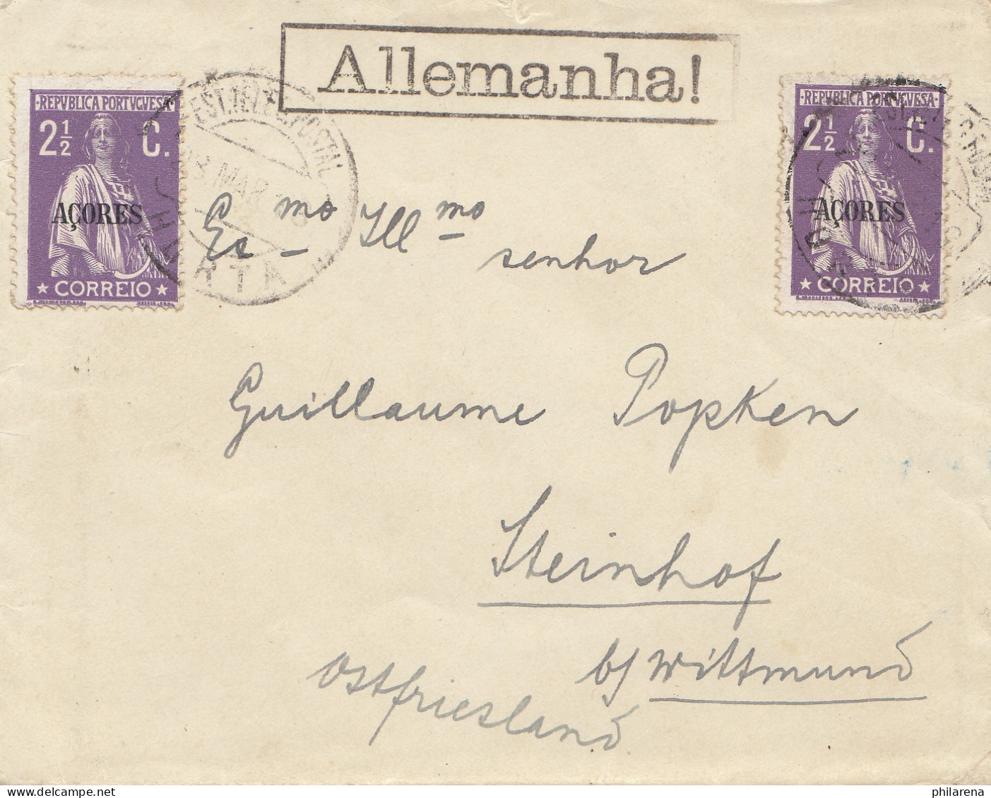 Acores: 1918: Horta To Steinhof B. Wittmund - Azores