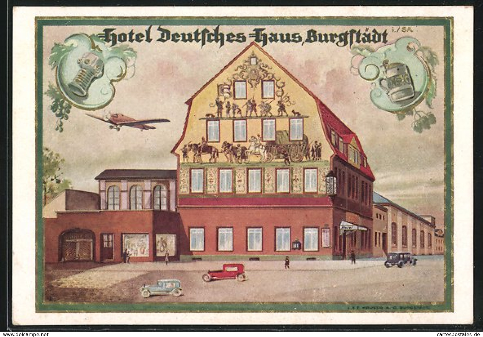 AK Burgstädt, Hotel Deutsches Haus, Flugzeug, Wappen  - Burgstädt