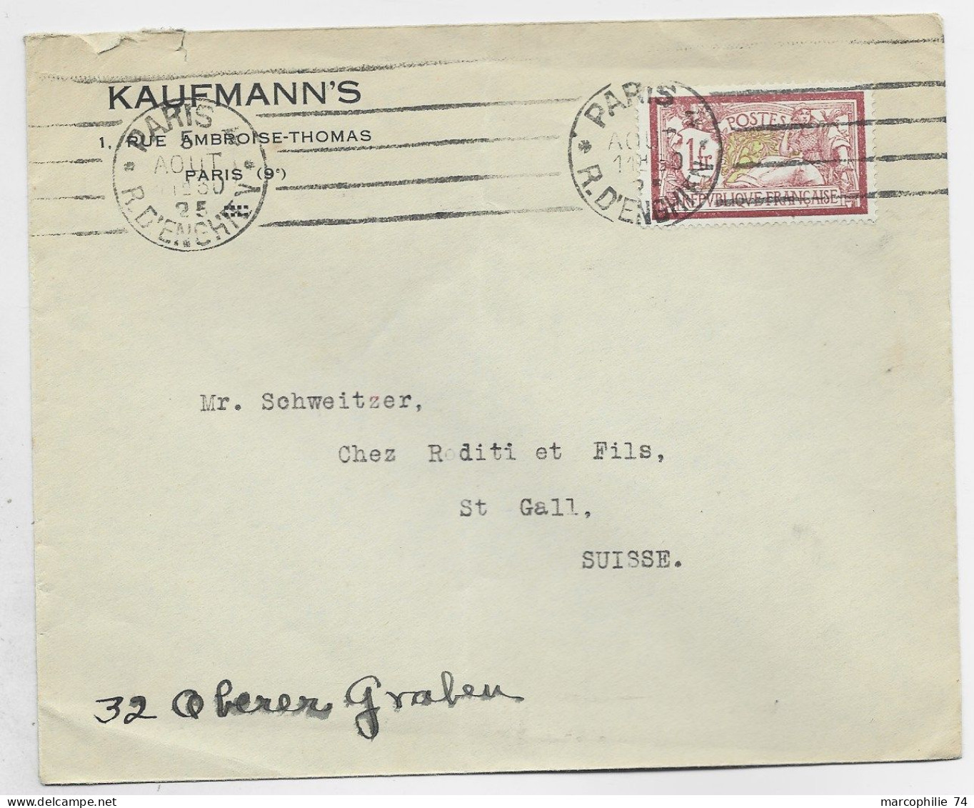 FRANCE MERSON 1FR SEUL LETTRE COVER ENTETE KAUFFMANN PARIS 1925 POUR SUISSE AU TARIF - 1900-29 Blanc