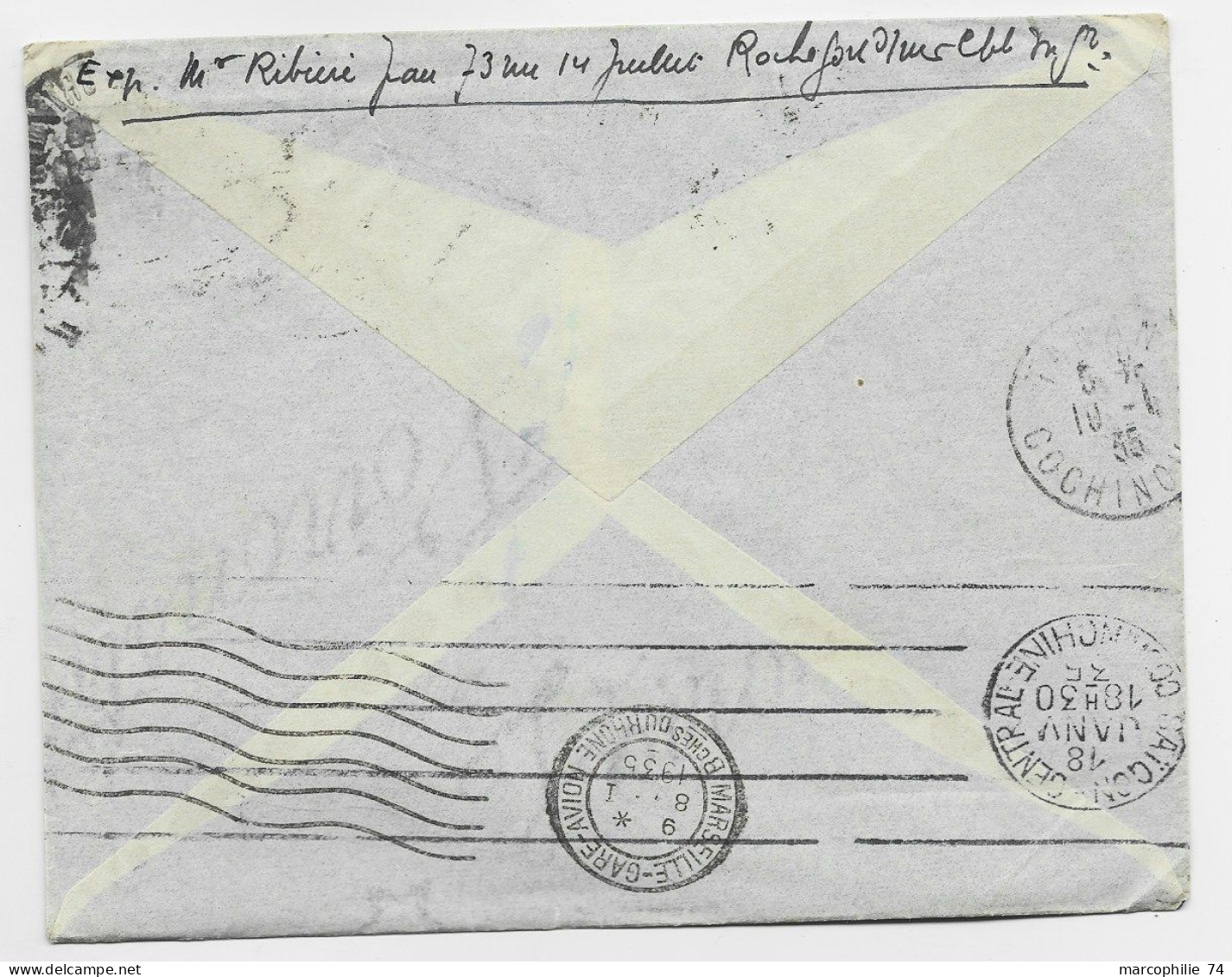 FRANCE PAIX 1FR75 PAIRE LETTRE COVER AVION MEC ROCHEFORT S MER 7.1.1935 POUR TANAN COCHINCHINE AU TARIF - 1932-39 Peace