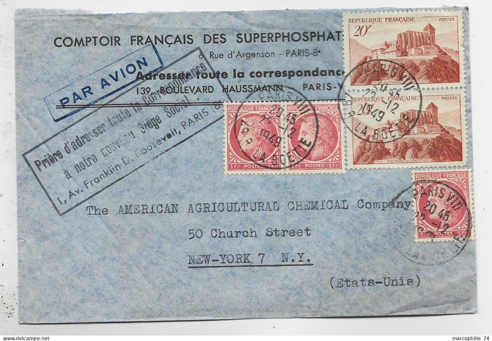 FRANCE MAZELIN 1FRX3+ N°841AX2 LETTRE COVER AVION PARIS VIII 22.12.1949 POUR USA  AU TARIF - 1945-47 Ceres Of Mazelin