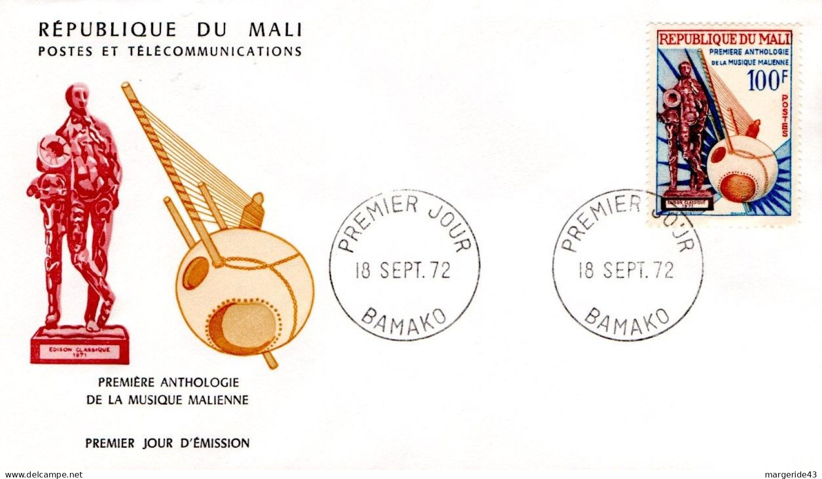 MALI FDC 1972 PREMIERE ANTHOLOGIE DE LA MSIQUE MALIENNE - Malí (1959-...)