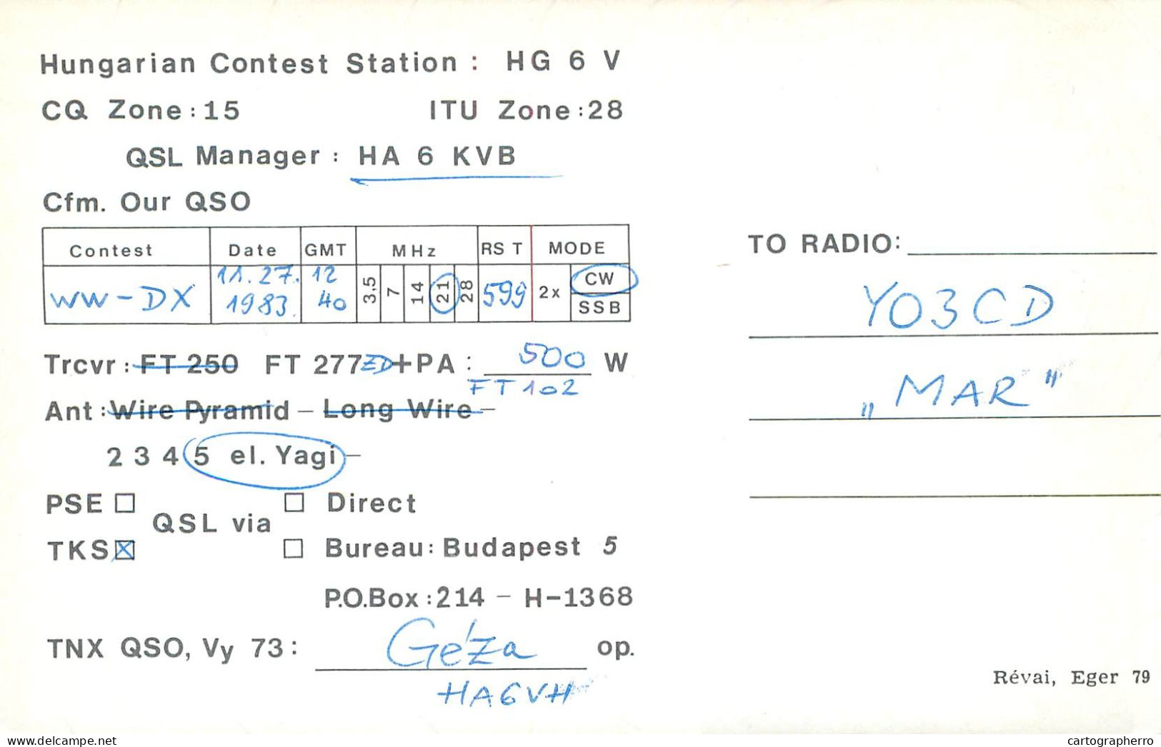 QSL Card HUNGARY Radio Amateur Station Eger HG6V Y03CD Geza - Radio Amateur