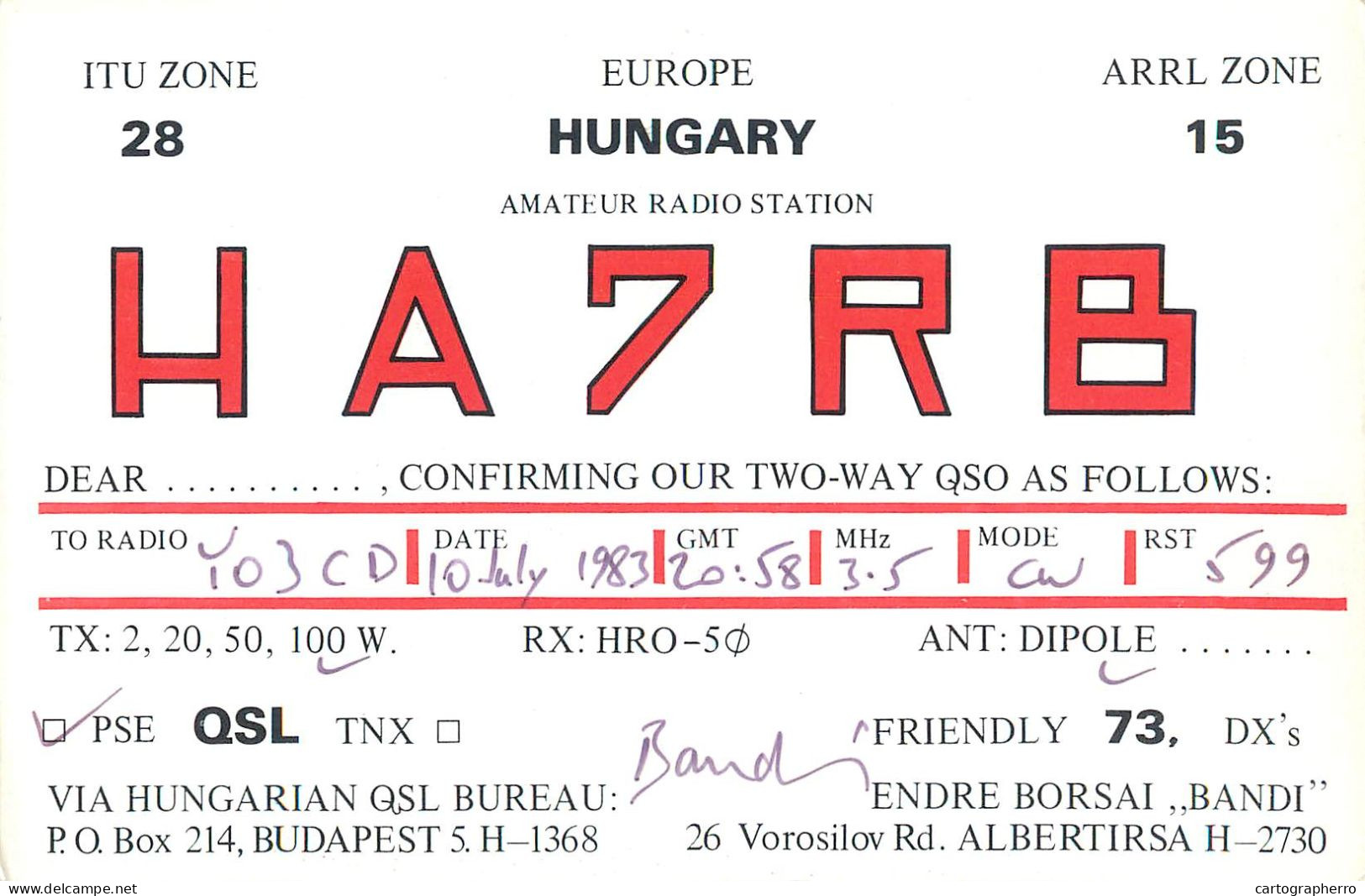 QSL Card HUNGARY Radio Amateur Station Eger HA7R8 Y03CD Bandi - Radio Amateur