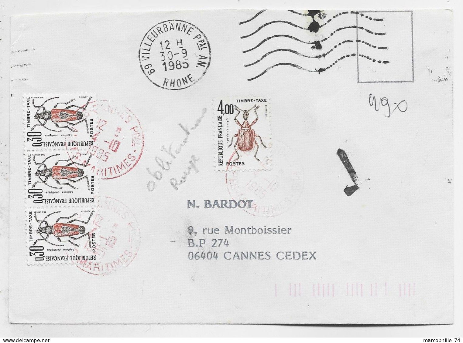 FRANCE TAXE INSECTES 4FR+30CX3 CACHET ROUGE CANNES 1985 LETTRE NON AFFRANCHIE - 1960-.... Lettres & Documents