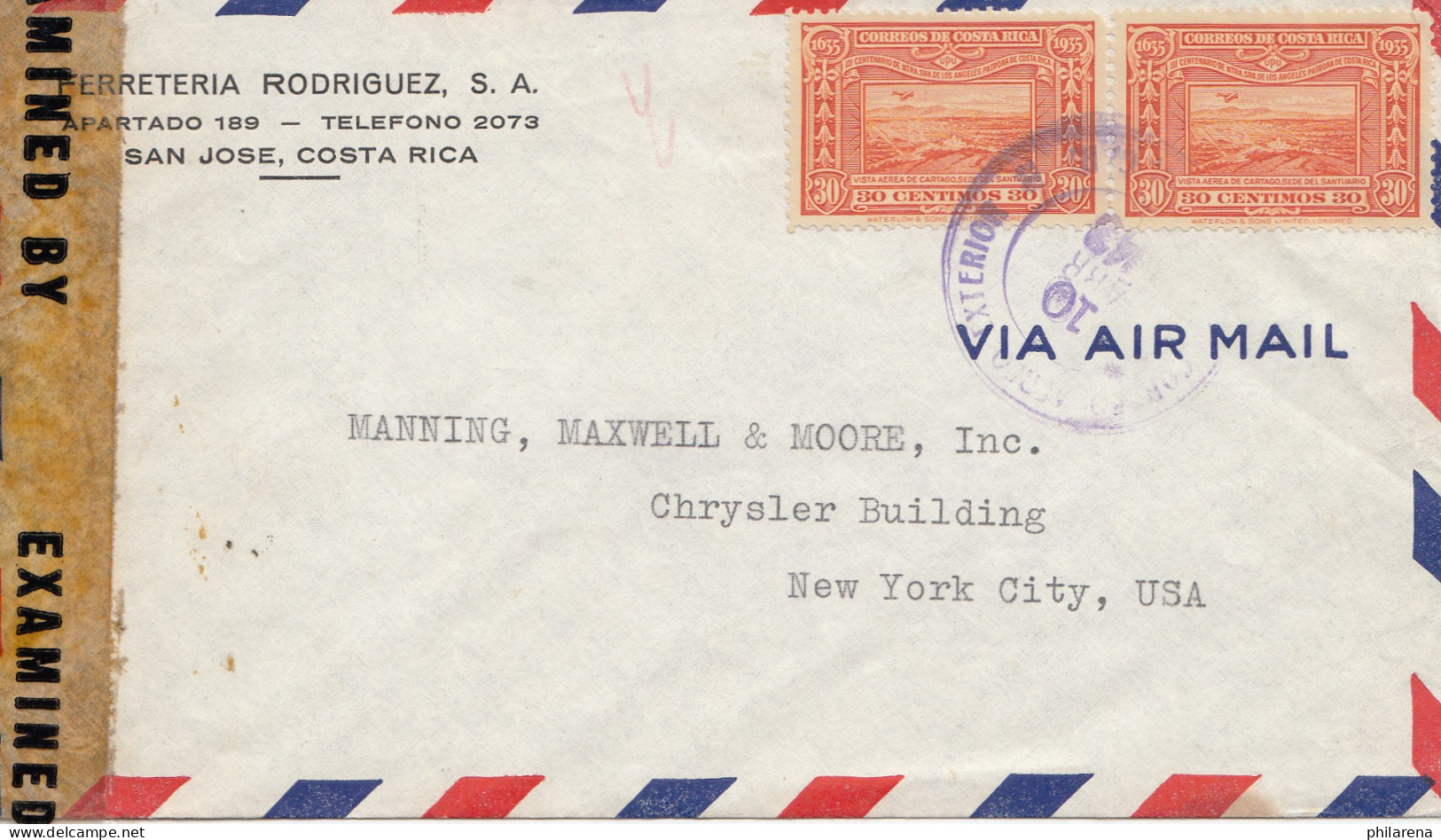 Costa Rica: 1943 San Jose To New York City, Censor - Costa Rica
