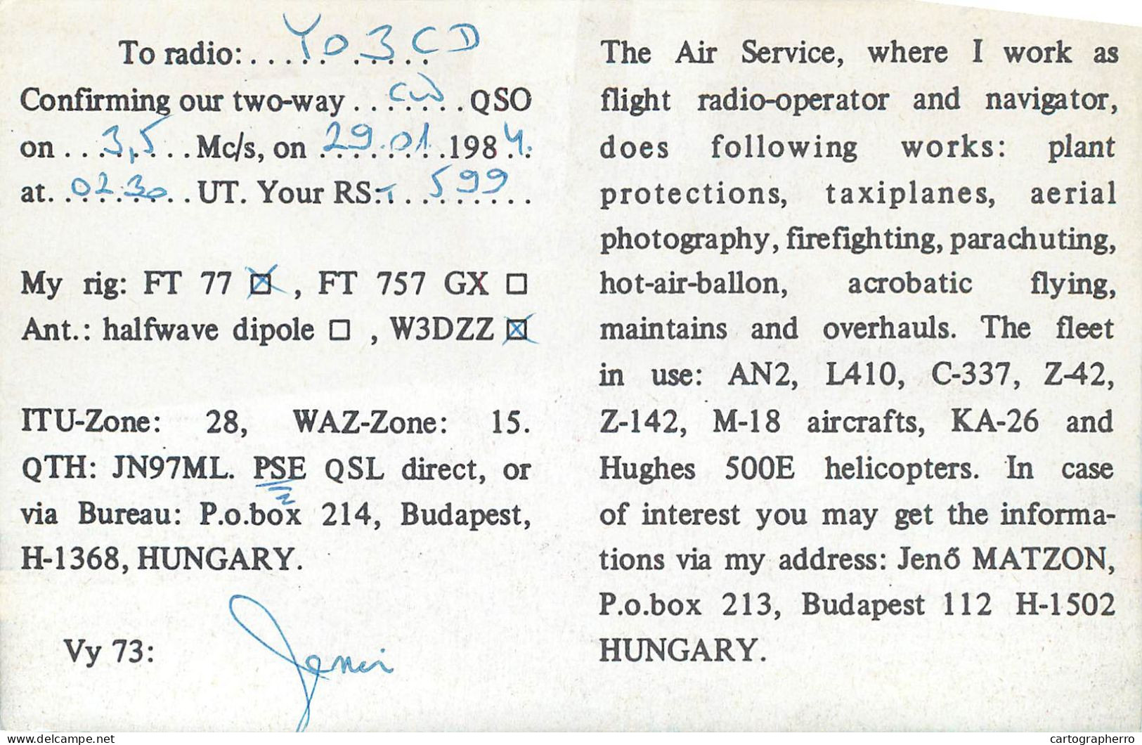 QSL Card HUNGARY Radio Amateur Station HA5FA Y03CD Jenu Plane - Radio Amateur