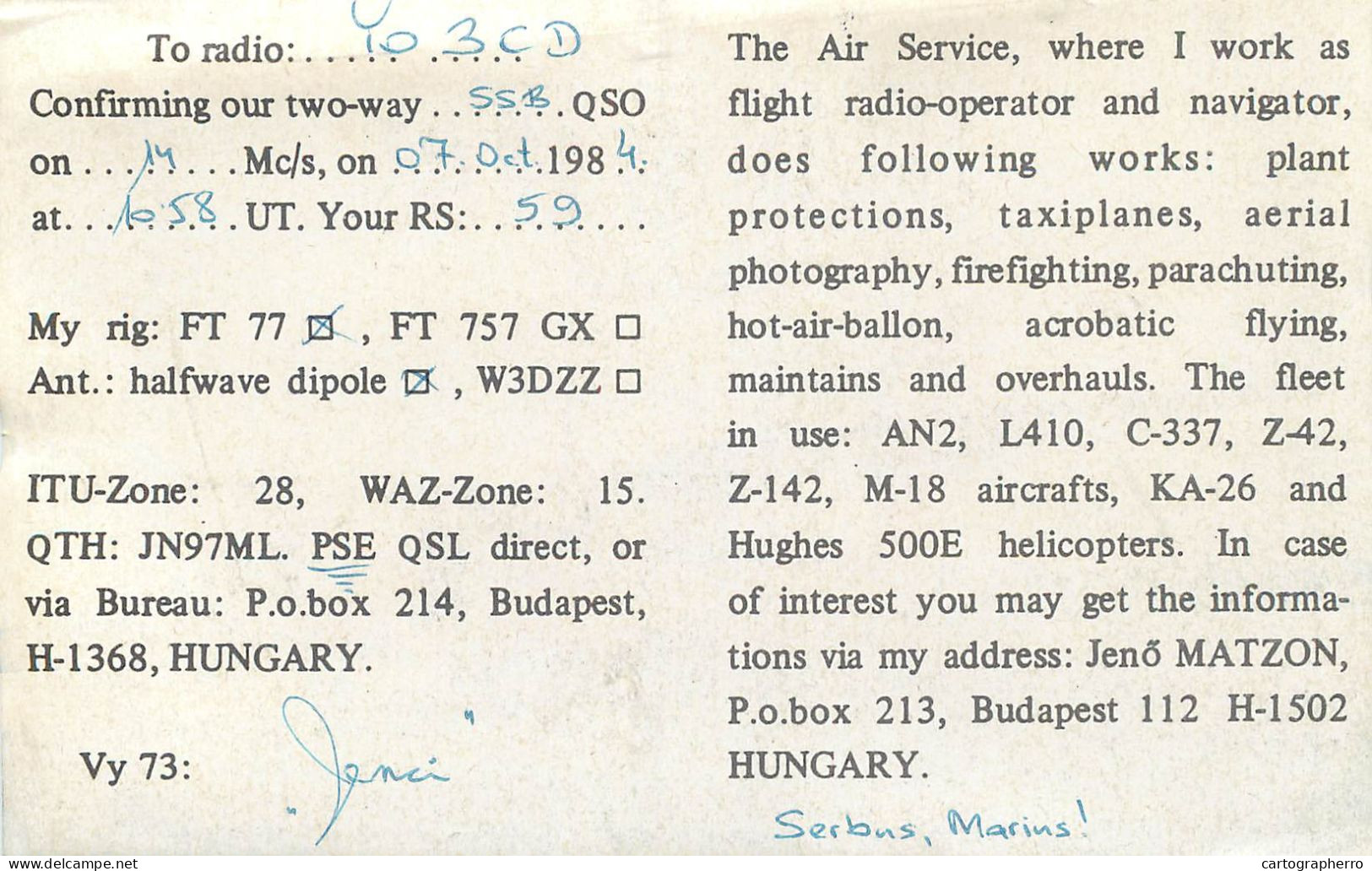 QSL Card HUNGARY Radio Amateur Station HA5FA Y03CD Jenci Plane - Radio Amateur