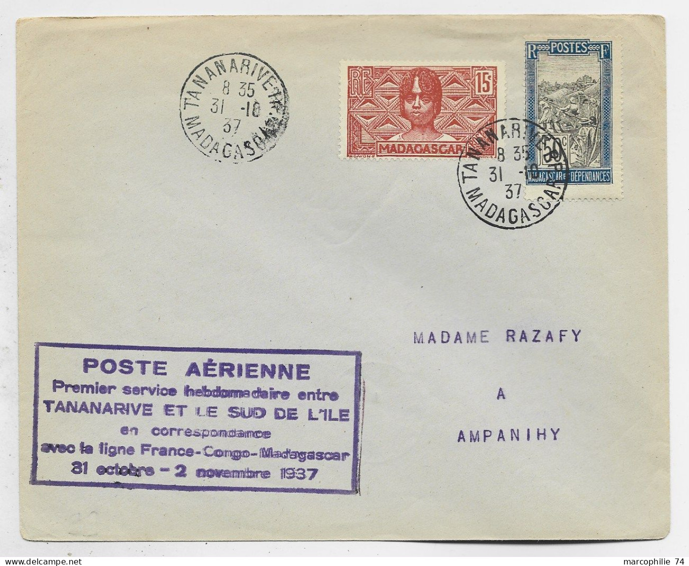MADAGASCAR 15C+50C LETTRE COVER TANANARIVE 31.10.1937 POUR AMPANIHY   + PREMIER SERVICE POSTE AERIENNE - Cartas & Documentos