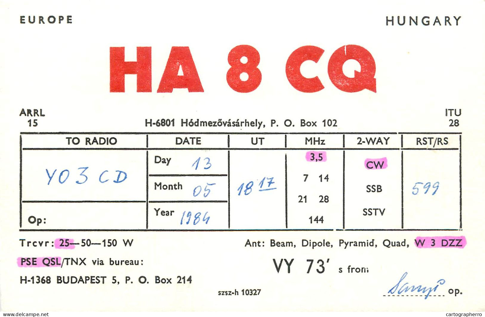 QSL Card HUNGARY Radio Amateur Station HA8CQ Y03CD Dami - Radio Amateur