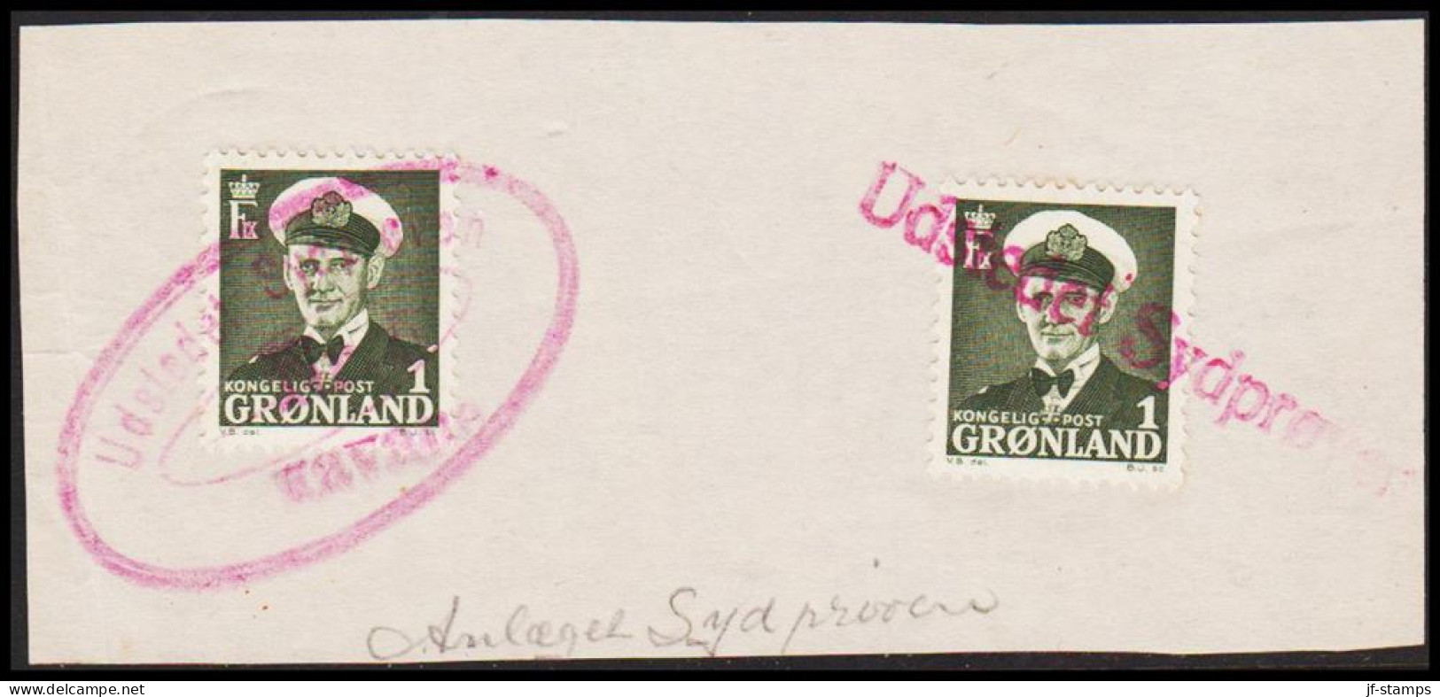 1952. GRØNLAND. Frederik IX. 1 ØRE. 2 Stamps On Small Piece Cancelled In Red  Udstedet Sydprøv... (Michel 28) - JF543520 - Gebraucht