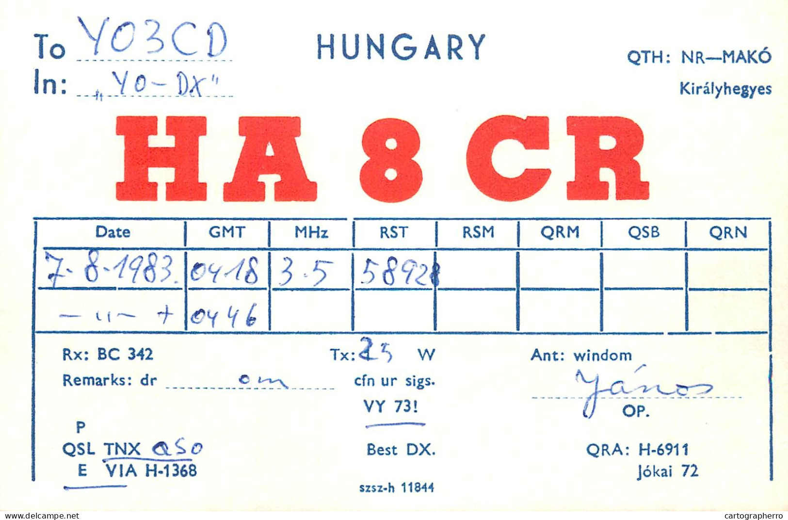 QSL Card HUNGARY Radio Amateur Station HA8CR Y03CD Janos - Radio Amateur