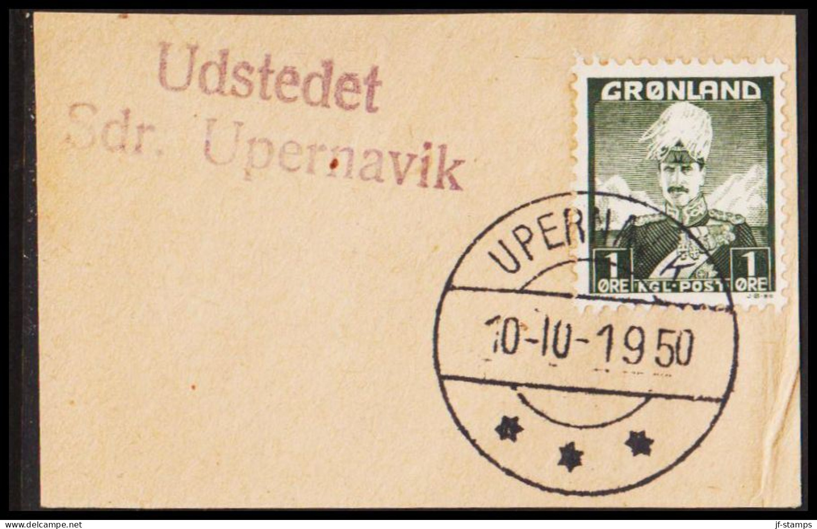 1950. GØRNLAND. Christian X And Polar Bear. 1 Øre On Small Piece Cancelled UPERNAVIK 10-10-1950... (Michel 1) - JF543521 - Gebruikt