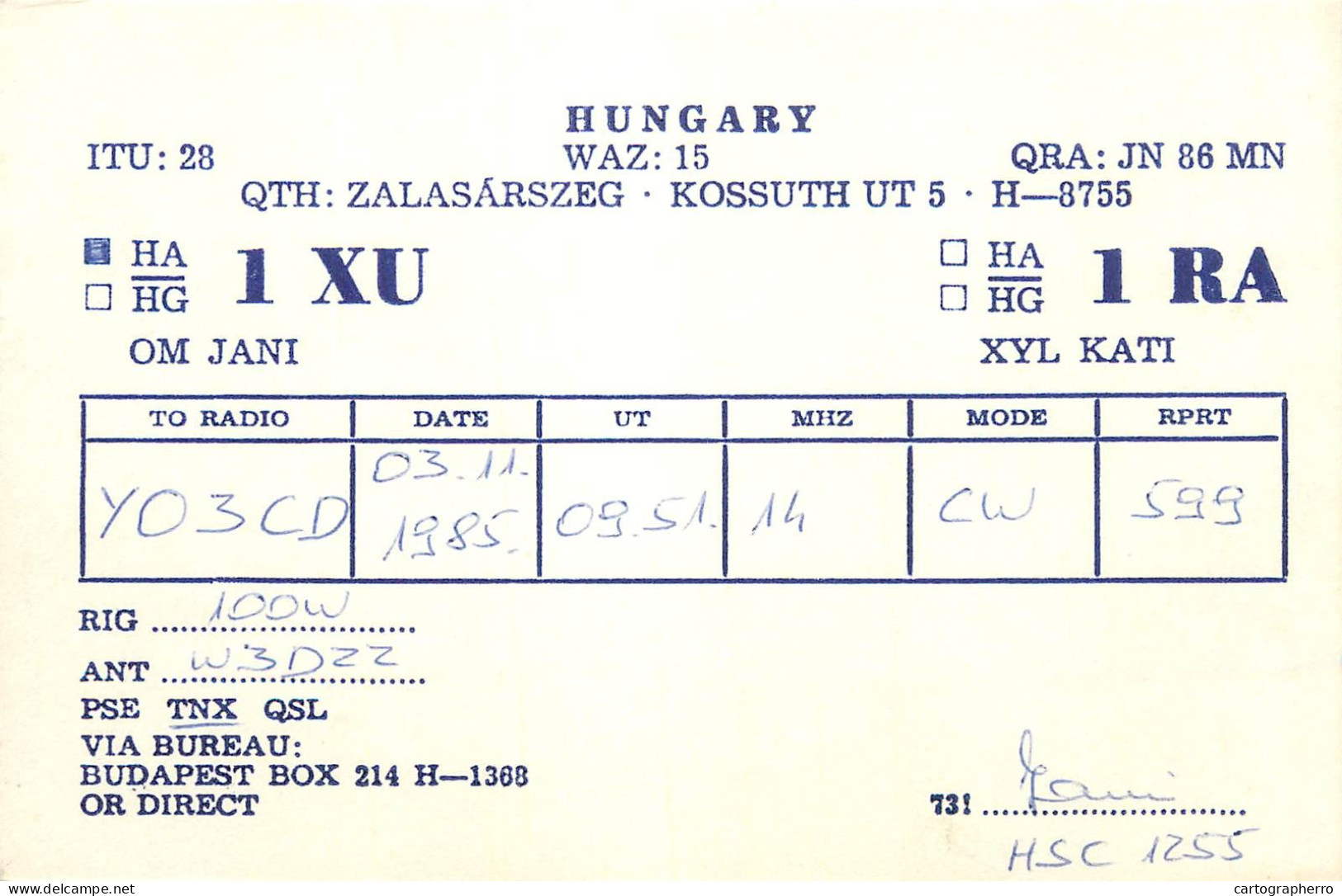 QSL Card HUNGARY Radio Amateur Station HA1XU Y03CD Iani - Radio Amateur