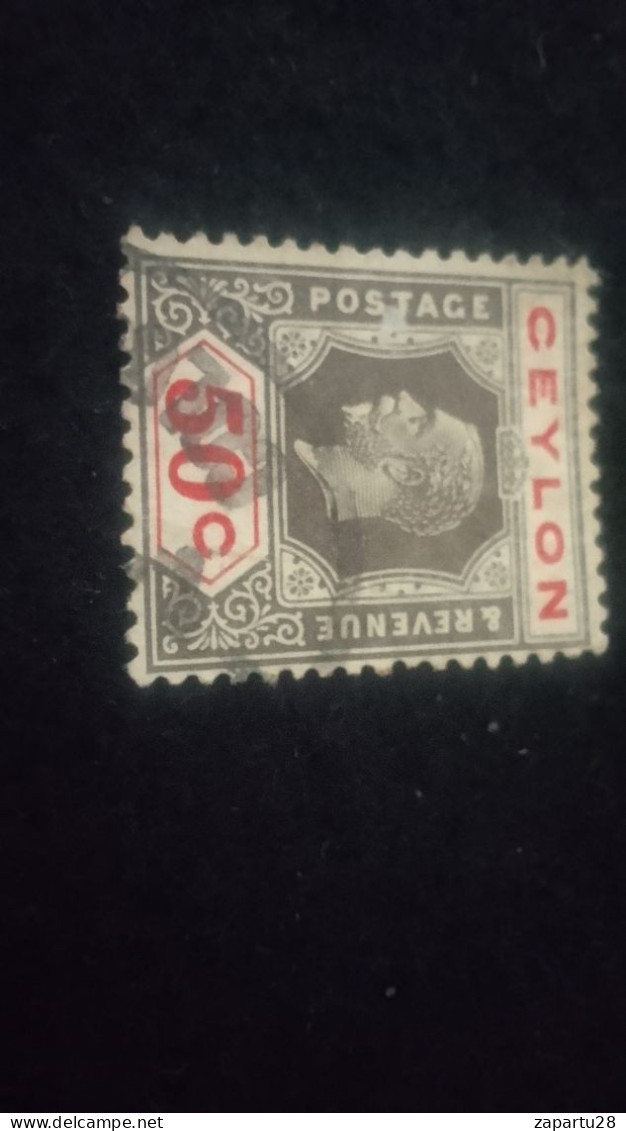 CEYLON- 1911 -25       50 C     GEORGE V.      DAMGALI   PERFÖRE - Sri Lanka (Ceylan) (1948-...)