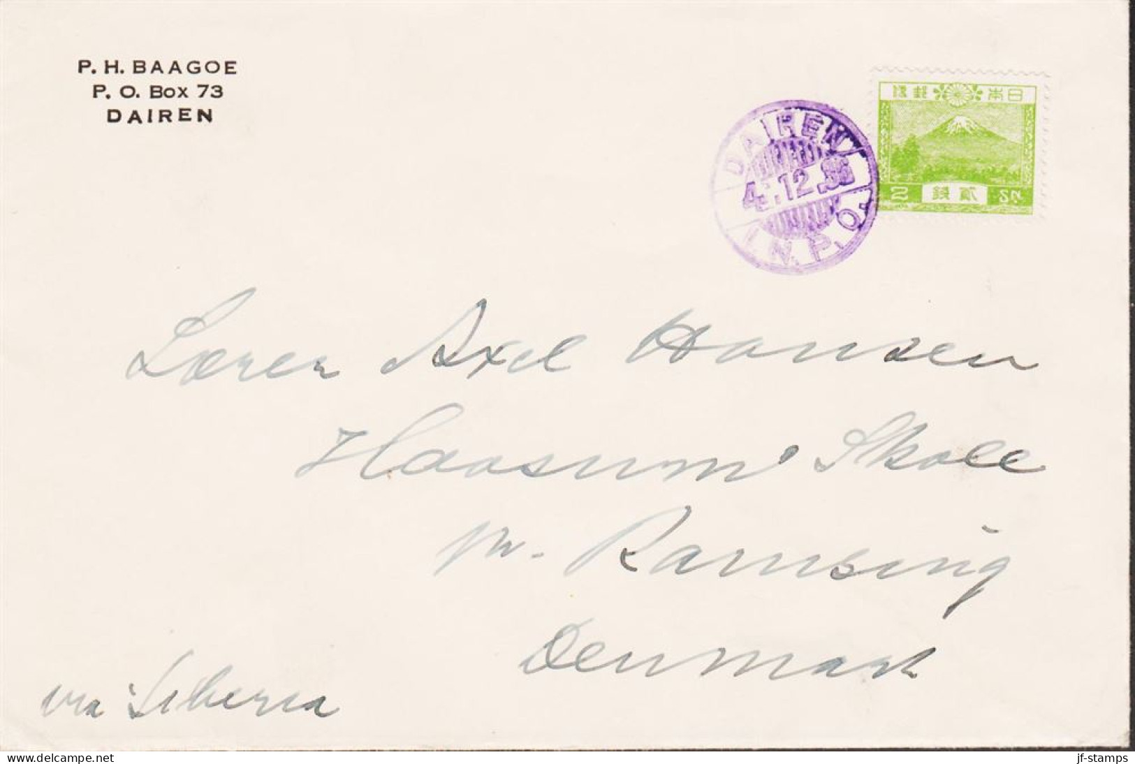 1936. JAPAN. Very Interesting Small Cover To Denmark With 2 S Fujisan  Cancelled DAIREN I. N.... (Michel 177) - JF543592 - Brieven En Documenten