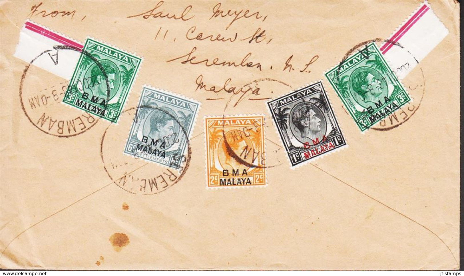 1948. BMA MALAYA / STRAITS SETTLEMENTS Georg VI 1 + 2 + 2 Ex 3 + 6 C. On Fine Small Envelope T... (Michel 5+) - JF543596 - Straits Settlements