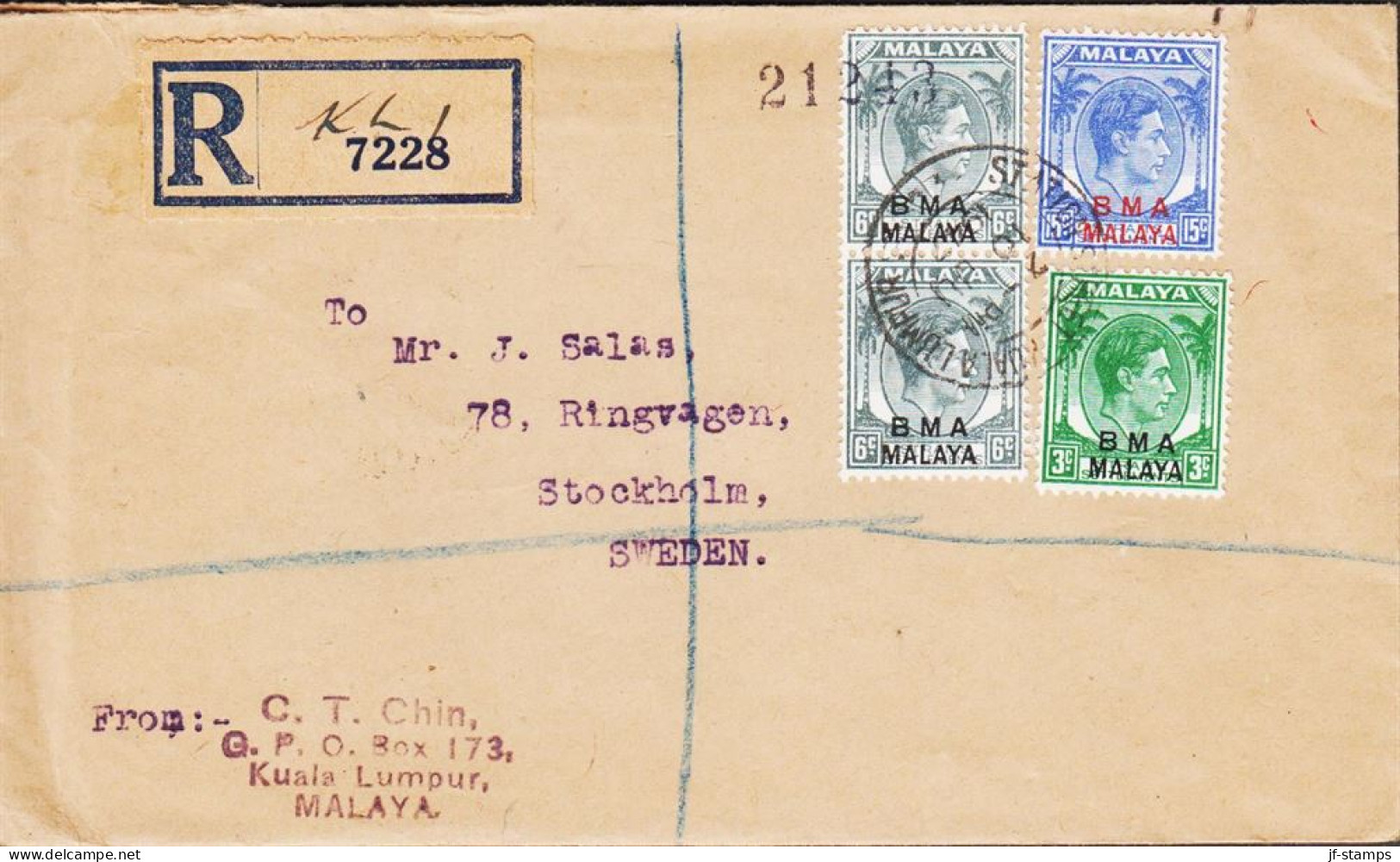 1947. BMA MALAYA / STRAITS SETTLEMENTS Georg VI 3 + Pair 6 + 15 C. On Fine Small Registered En... (Michel 9+) - JF543597 - Straits Settlements