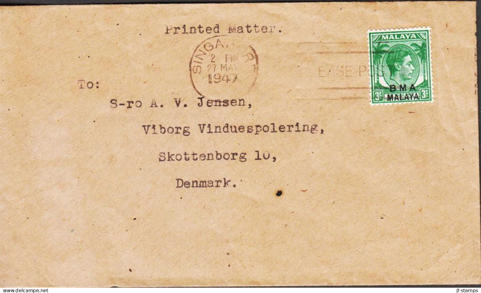 1947. BMA MALAYA / STRAITS SETTLEMENTS Georg VI 3 C. On Fine Small Printed Matter Envelope To D... (Michel 3) - JF543598 - Straits Settlements