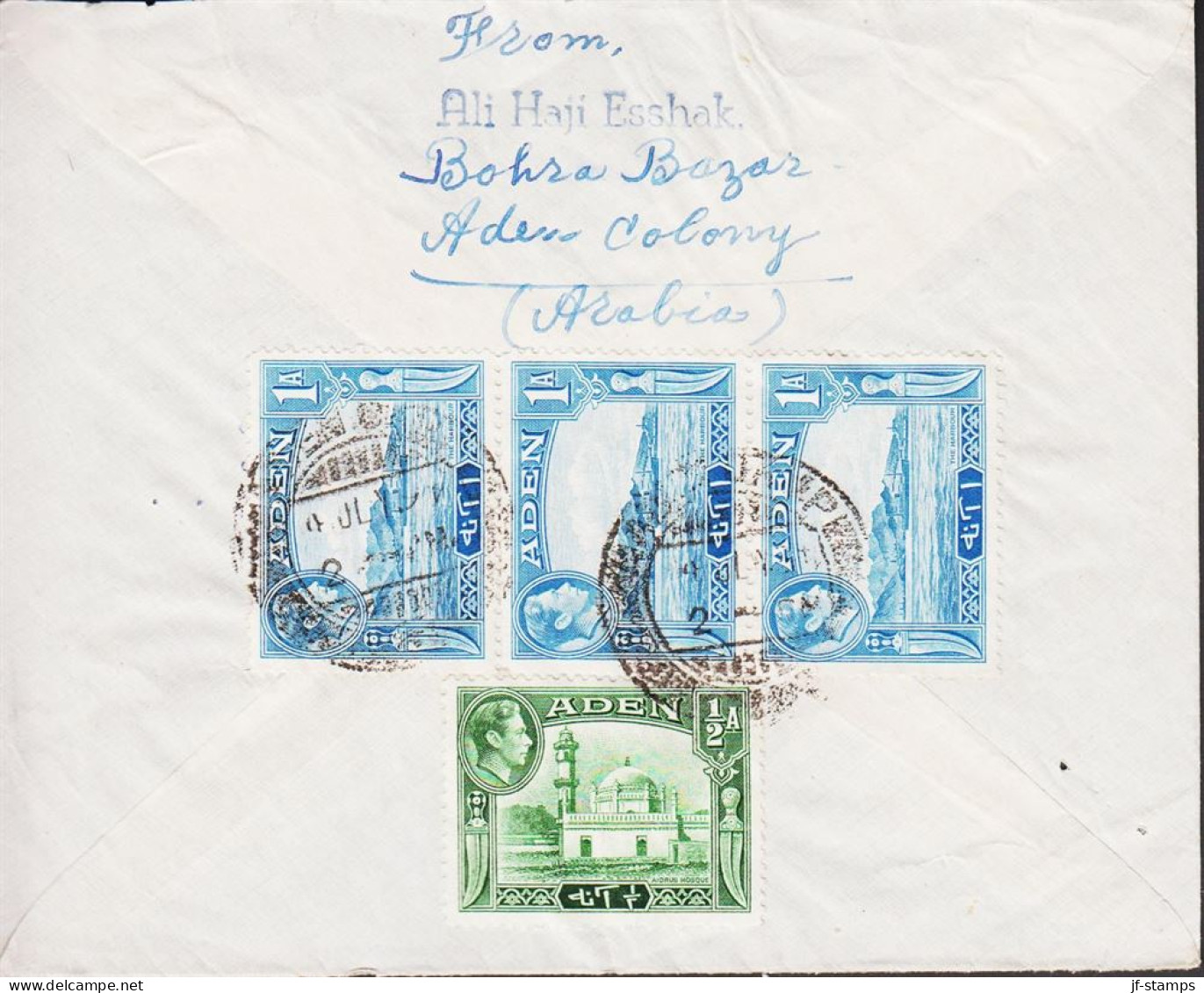 1949. ADEN. Country Scenary George VI. ½ A + 3-stripe 1 A On Small Cover To USA Cancelled ADE... (Michel 18+) - JF543607 - Aden (1854-1963)