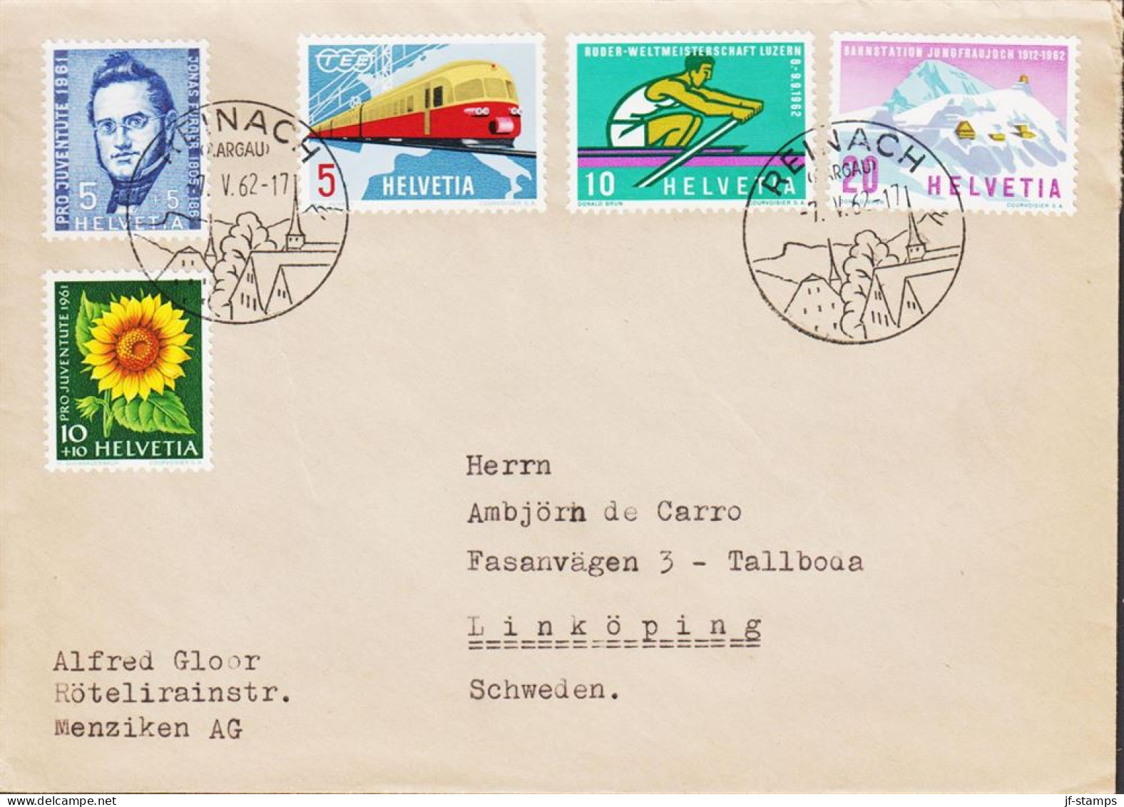1961. HEVETIA. PRO JUVENTUTE 5+5 C Jonas Furrer And 4 Other Stamps On Cover To Sweden Cancelled REINACH 7.... - JF543611 - Lettres & Documents