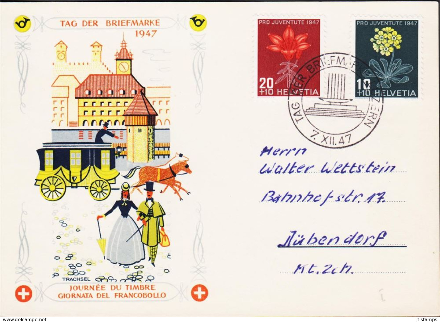 1947. HEVETIA. PRO JUVENTUTE 20+1+ And 10+10 C Jonason Fine TAG DER BRIEFMARKE Postcard Cancelled TAG DER ... - JF543614 - Briefe U. Dokumente