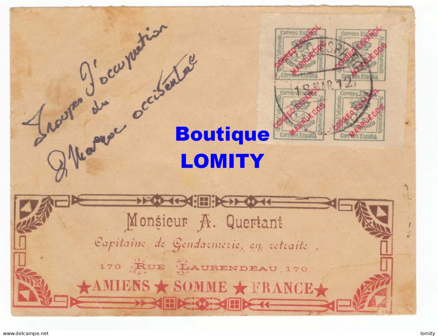 Maroc Espagnol Lettre Avec Bloc De 4/4 Vert Surcharge , Troupes Occupation , Quertant Capitaine Gendarmerie Amiens - Spanish Morocco