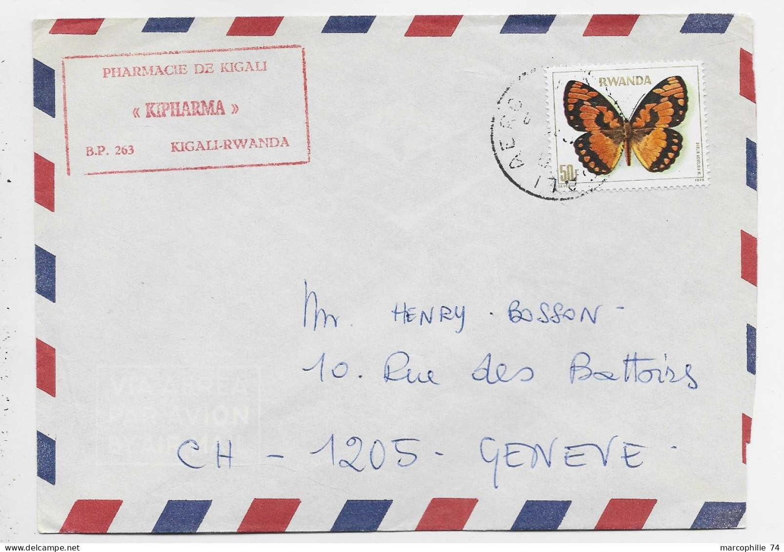 RWANDA 50FR PAPILLON BUTTERFLY SOLO LETTRE COVER  KIGALI 1978 TO SUISSE + GRIFFE PHARMACIE - Covers & Documents