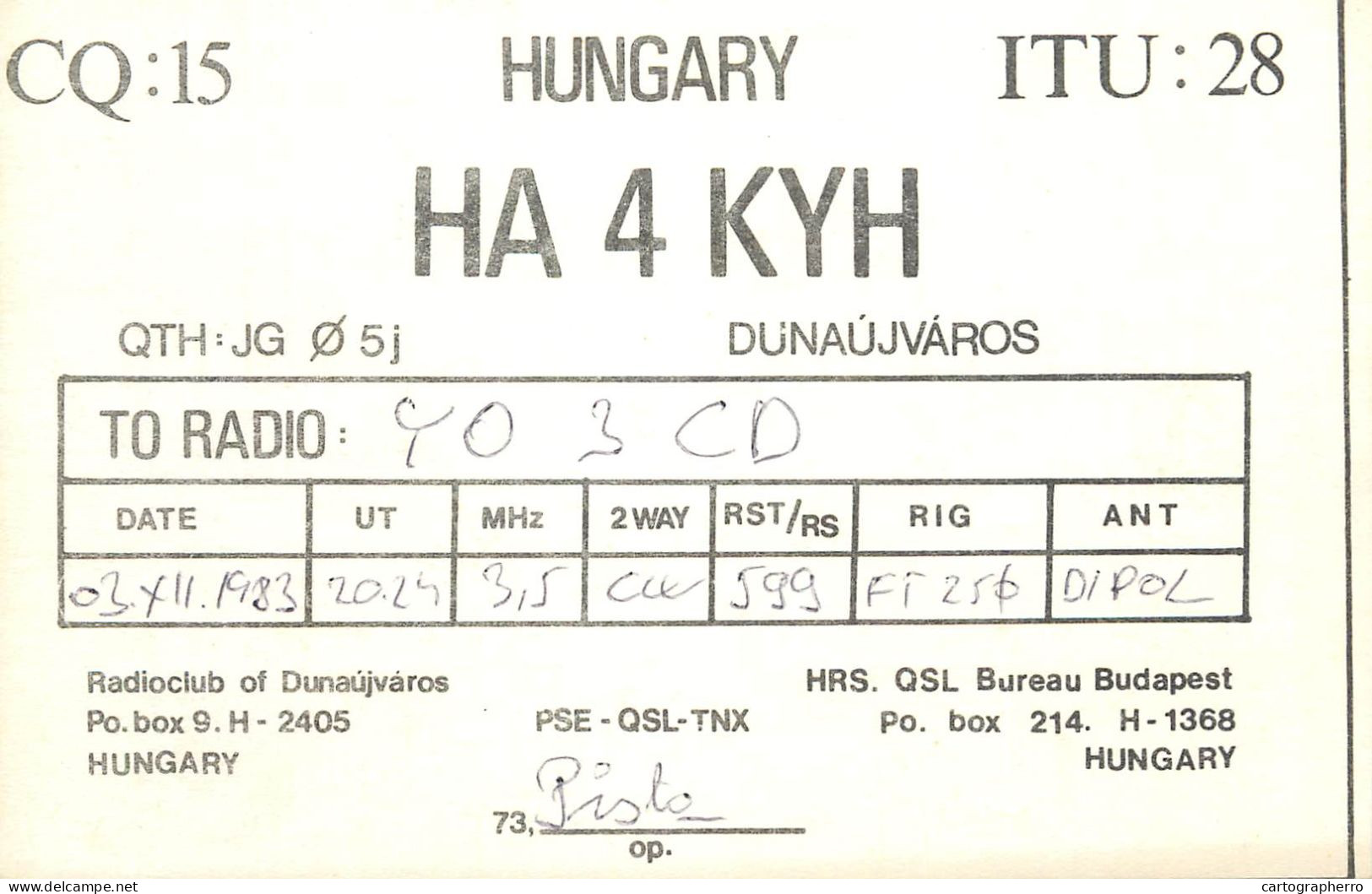 QSL Card HUNGARY Radio Amateur Station HA4KYH Y03CD Pista - Radio Amatoriale