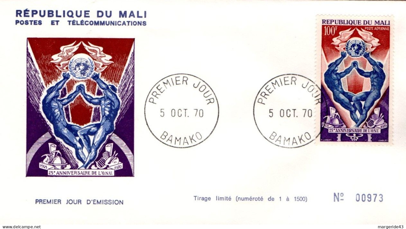 MALI FDC 1970 25 NS O N U - Malí (1959-...)