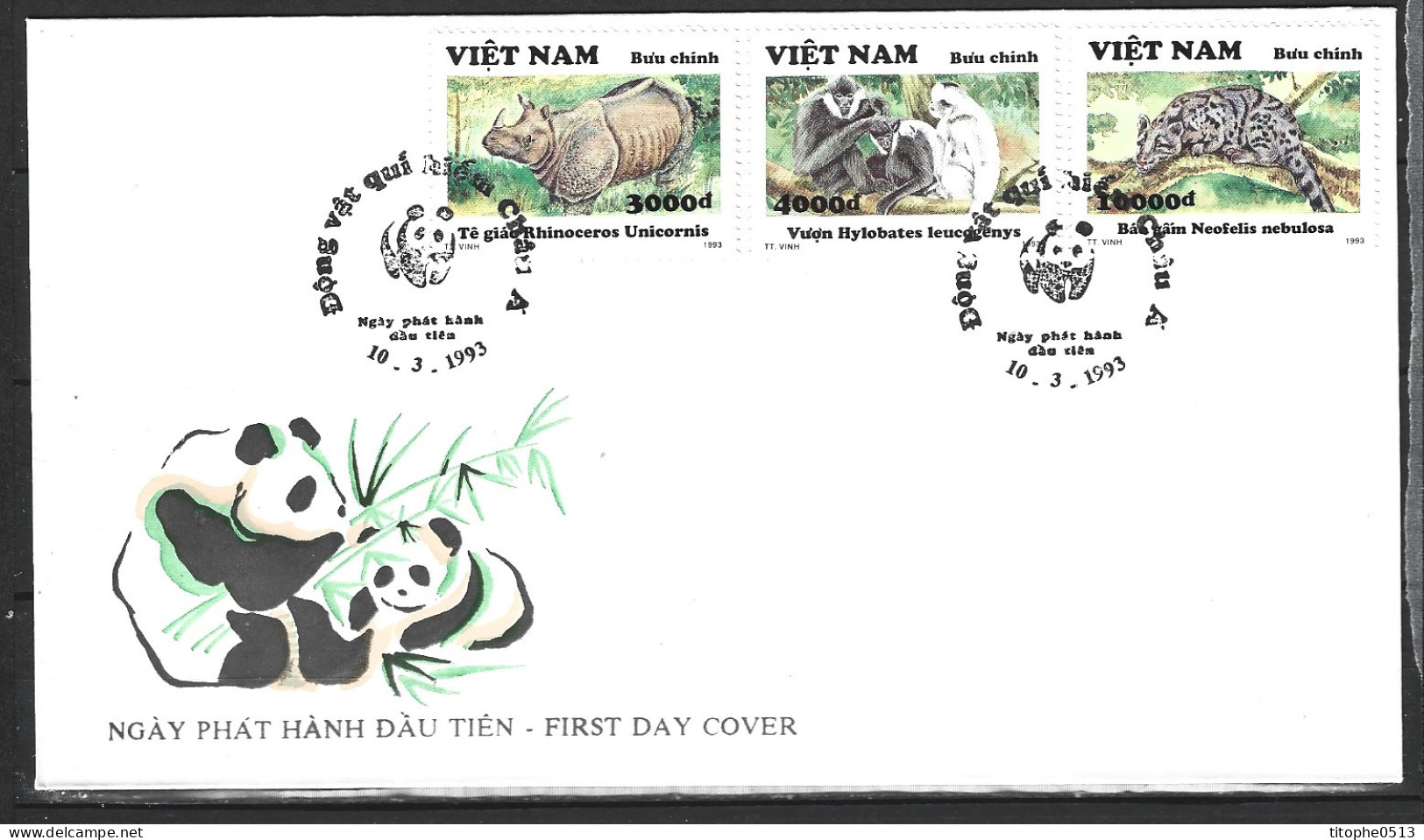 VIETNAM. N°1382-4 De 1993 Sur Enveloppe 1er Jour. Rhinocéros/Panthère/Singe. - Rinoceronti