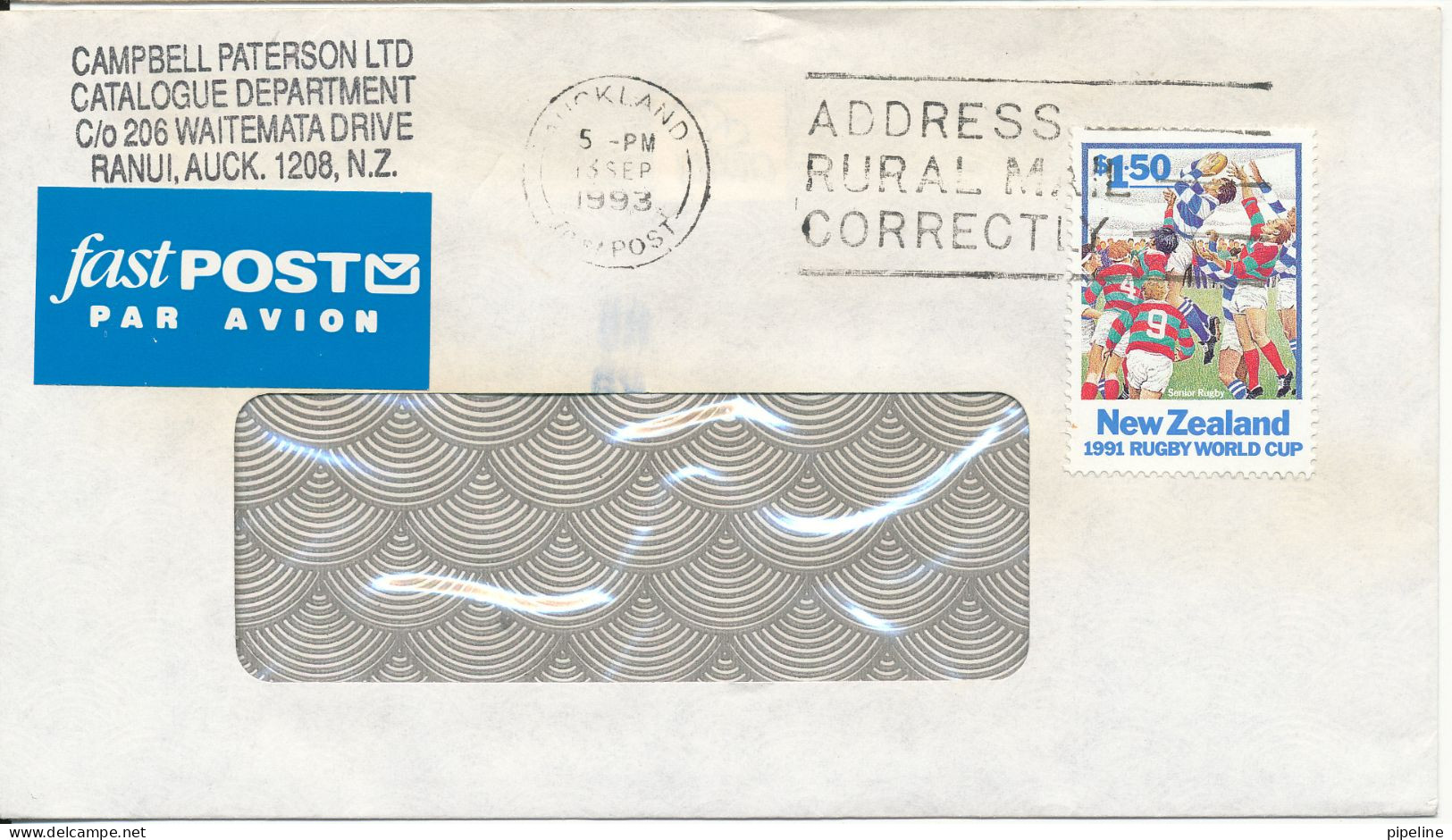 New Zealand Cover Sent Air Mail To USA Auckland 13-9-1993 Single Franked RUGBY World Cup 1991 Stamp - Storia Postale