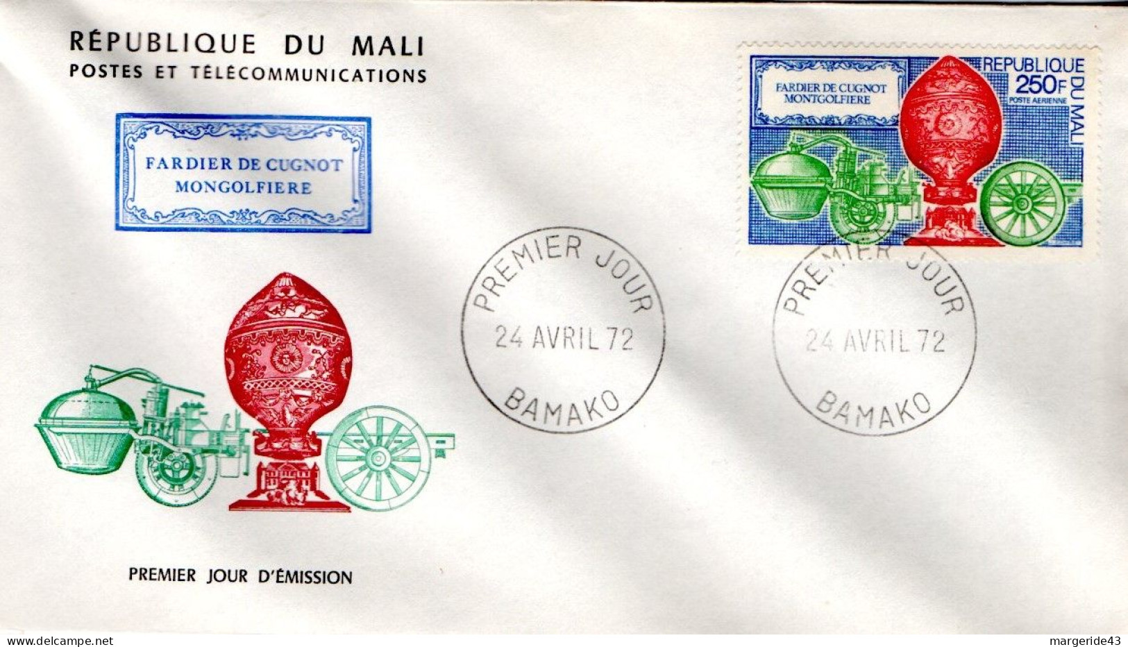 MALI FDC 1972 FARDIER DE CUGNOT ET MONTGOLFIERE - Malí (1959-...)