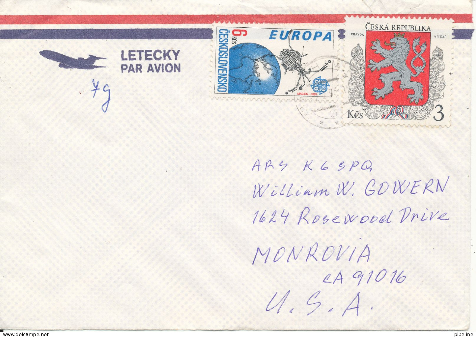 Czech Republic Air Mail Cover Sent To USA 1993 With Czech And Czechoslovakia Stamps (the Backside Of The Cover Is Damage - Brieven En Documenten