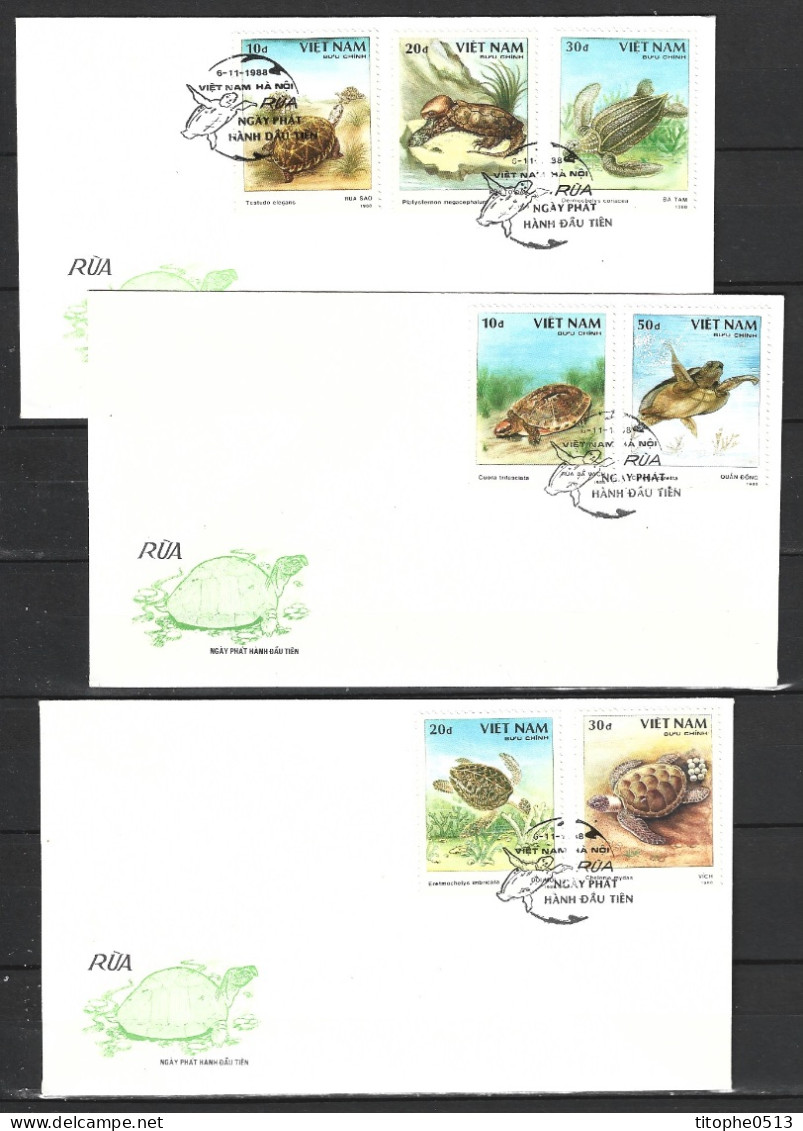 VIETNAM. N°868A-G De 1988 Sur 3 Enveloppes 1er Jour. Tortues. - Turtles