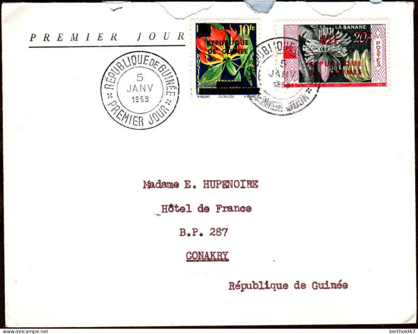 Guinée (Rep) Poste Obl Yv:   1/2 Timbres Surchargés 5 Janvier 1959 Fdc - Guinée (1958-...)