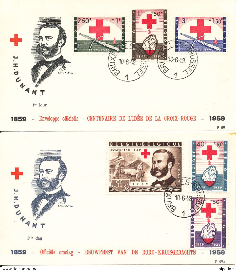 Belgium FDC 10-6-1959 RED CROSS Complete Set Of 6 On 2 Covers With Cachet - 1951-1960